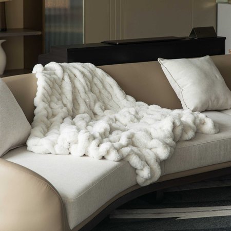 Deerlux Decorative 50 in. x 60 in. Comfortable Ruched Faux Fur Cozy Throw Blanket for Sofa and Bed, White QI004049.WT